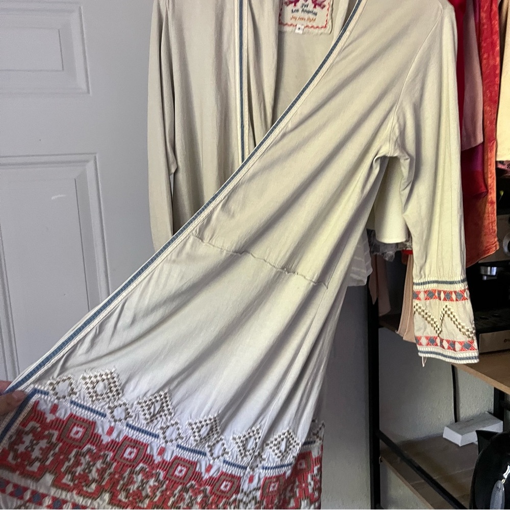JOHNNY WAS cream ivory off white geo tribal embroidered buttonless long cardigan - Picture 6 of 8